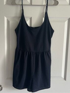 Navy Blue Eyelet Romper with Spaghetti Straps